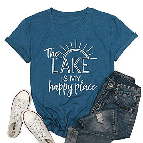 

the lake is my happy place t shirt women lake life shirt summer vacation short sleeve casual tee top blue