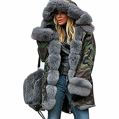 

womens coats ski jackets plus size camo fluffy fuzzy faux fur hooded cuff casual loose warm padded parkas autumn winter