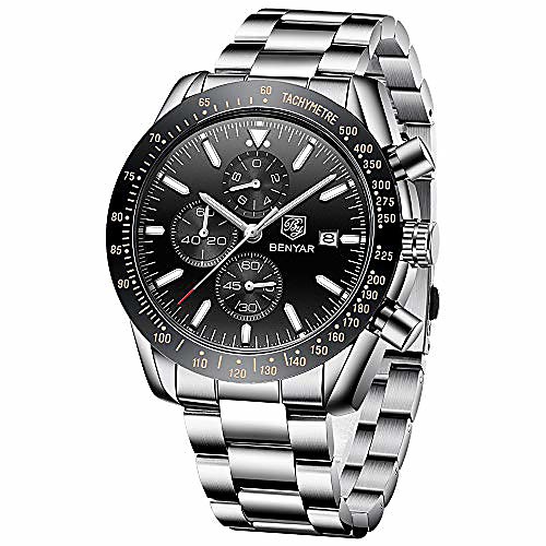 

benyar wrist watch for men, stainless steel strap watches quartz movement, waterproof analog chronograph business watches litbwat