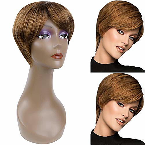 

beauty short pixie cut straight wigs with bangs natural synthetic heat resistant fiber hair wigs for women with cap wig (strawberry blonde)