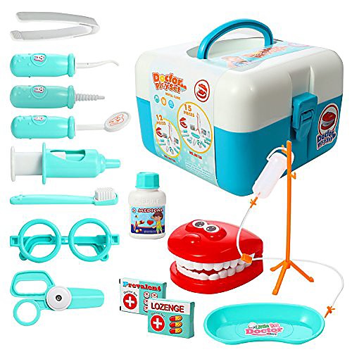 

15 pcs toddlers dentist role play set doctor kit with carry case for school classroom, doctor roleplay costume dress-up blue