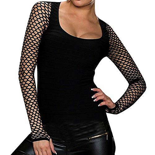 

long sleeve gothic fishnet shirt women slim low cut net tops punk rock blouse black