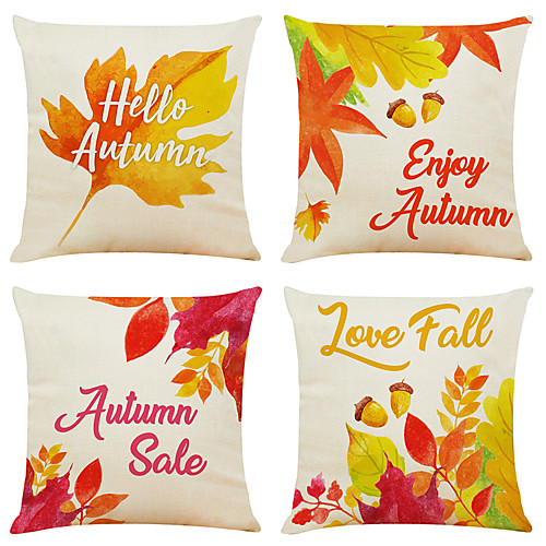 

Set of 4 Hello Autumn Print Linen Square Decorative Throw Pillow Cases Sofa Cushion Covers