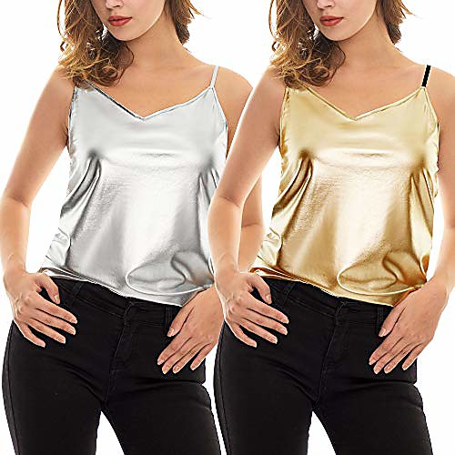 

women shiny metallic camisole liquid wet look tank tops clubwear cami (gold and silver, xl)