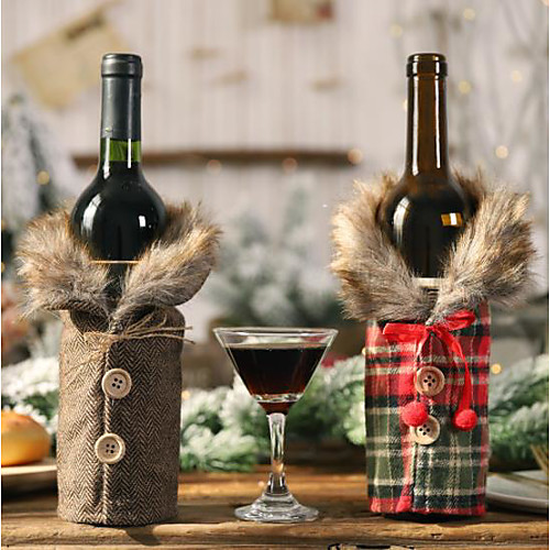 

2pcs Christmas Celebration New Table Wine Bottle Decoration Striped Plaid Skirt Wine Bottle Cover