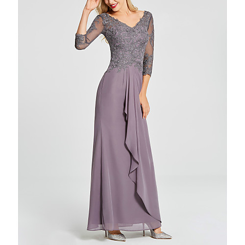 

Sheath / Column Mother of the Bride Dress Elegant Sparkle & Shine V Neck Floor Length Chiffon Lace 3/4 Length Sleeve with Sequin Draping Appliques 2021