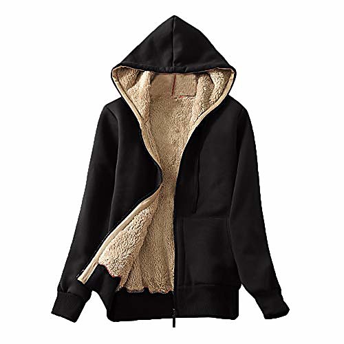 

womens casual winter warm sherpa lined zip up hooded sweatshirt jacket coat black