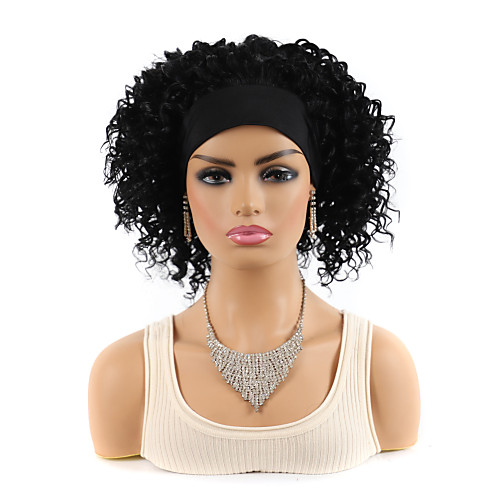 

Wig Medium Length Spiral Curl Loose Curl Bob With Headband Black Party Easy dressing Best Quality Capless Women's Natural Black #1B 14 inch