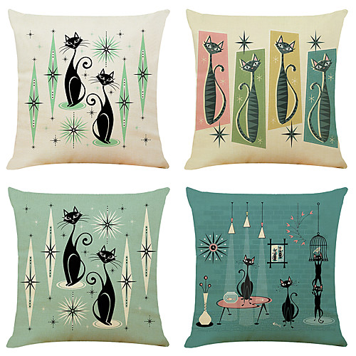 

Set of 4 Cute Cat Linen Square Decorative Throw Pillow Cases Sofa Cushion Covers 18x18