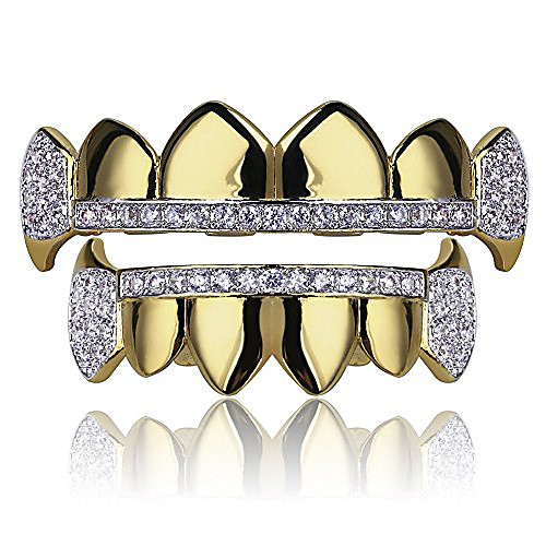 

gold hip hop teeth grillz micro pave cubic zircon top&bottom vampire fangs teeth grills set holleween gift men women (yellow gold)