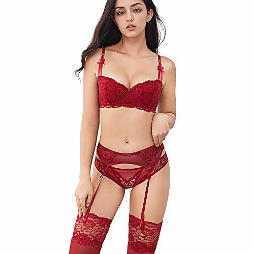 

women push up bras set lace lingerie bra and panties and garter and stocking 4pcs (n701,red, 38c)