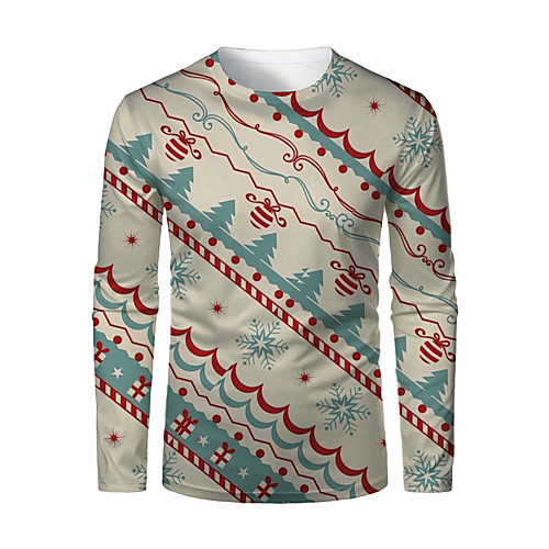 

Men's T shirt 3D Print Striped Graphic 3D Print Long Sleeve Christmas Tops Red / White