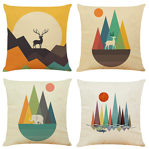 

Set of 4 Color Geometry Linen Square Decorative Throw Pillow Cases Sofa Cushion Covers 18x18