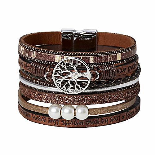 

tree of life boho multilayer leather wrap bracelet for women shiny magnetic clasp bracelet jewelry for girl (brown)