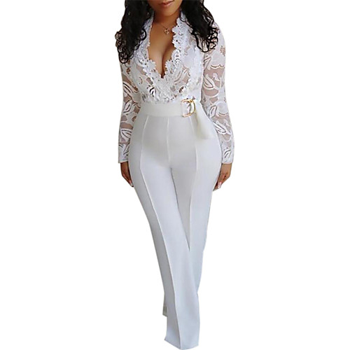 

Women's Basic Sophisticated White Jumpsuit Solid Colored Cut Out Lace