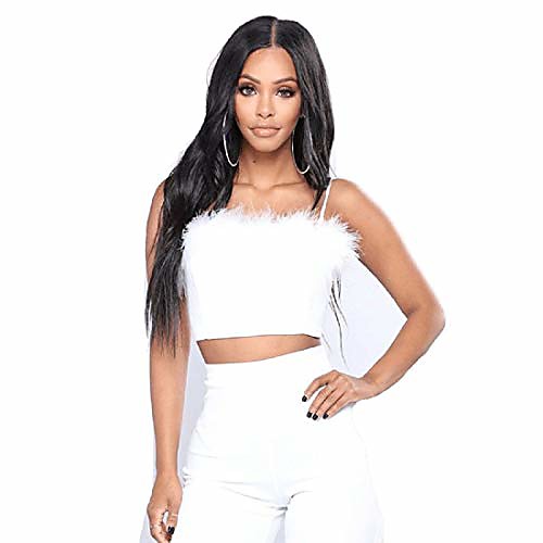 

women sexy faux fur trim spaghetti strap crop camisole cami vest tank top white, small