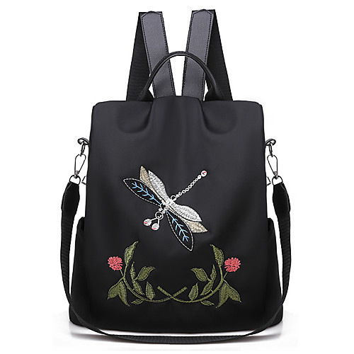 

women small dragonfly flowers embroidery oxford backpack anti-theft back zipper closure daypack schoolbag convertible shoulder bag black