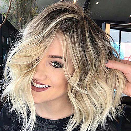 

ombre blonde bob wig inkach short wavy curly full hair wigs heat resistant synthetic fiber cosplay party hairpiece for african black women human wig (gold)