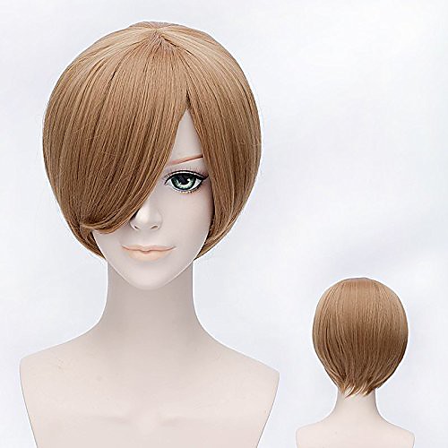 

30cm male short anime straight flaxen brown bangs wig for men halloween cosplay party synthetic hair wigs