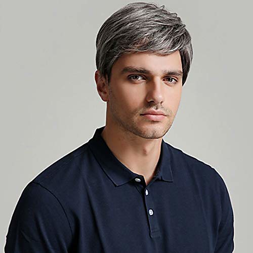 

mens gray wig short layered natural synthetic heat resistant halloween cosplay costume wig with wig cap