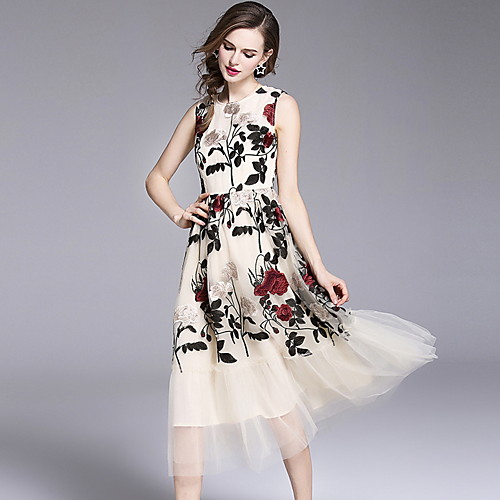 

Women's Chiffon Dress Midi Dress White Sleeveless Floral Lace Print Fall Elegant Casual 2021 S M L XL XXL