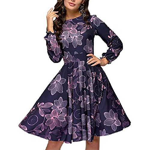 

women's floral vintage cocktail swing dress ruffle sleeve(purple,m)