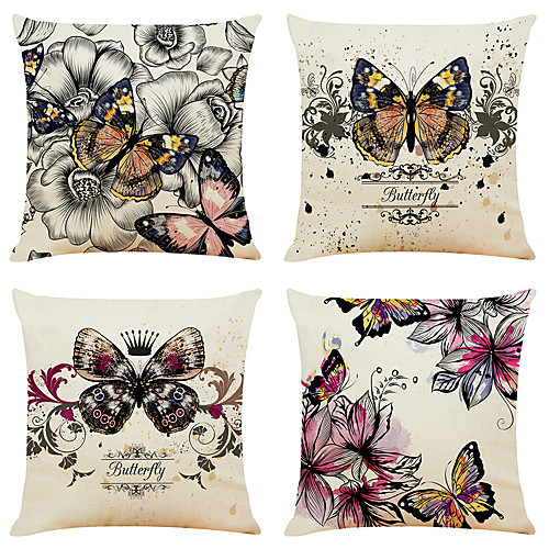 

Set of 4 Artistic Butterfly Linen Square Decorative Throw Pillow Cases Sofa Cushion Covers 18x18