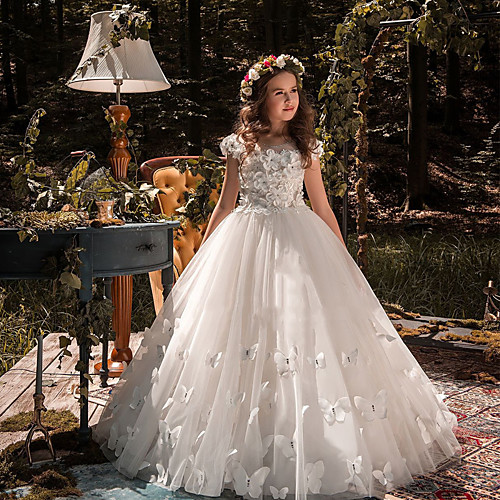 

Princess / Ball Gown Court Train Party / Wedding Flower Girl Dresses - Tulle Short Sleeve Jewel Neck with Lace / Appliques