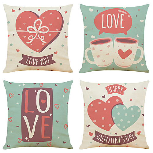 

Set of 4 Simple Valentine's Day Linen Square Decorative Throw Pillow Cases Sofa Cushion Covers 18x18