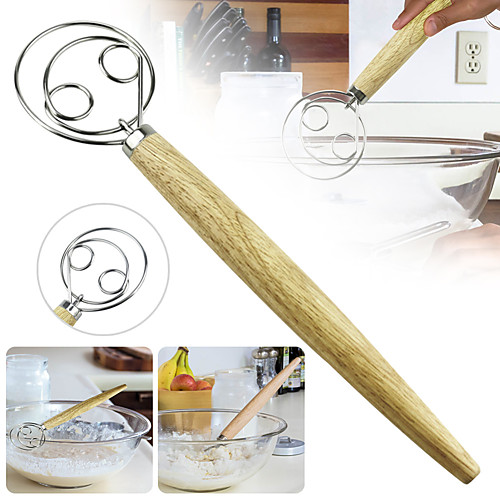 

Danish Dough Whisk Stainless Steel Dutch Style Bread Dough Hand Mixer Wooden Handle Kitchen Baking Tools Artisian Blender Dough Whisk 2 Pcs