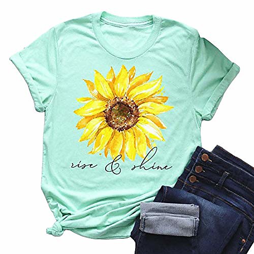 

women's tops cute graphic letter print summer casual cotton t-shirt sunflower short sleeve round neck tees mint