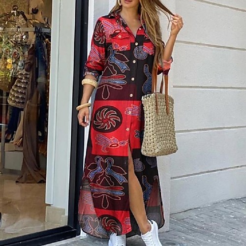 

Women's Swing Dress Maxi long Dress Blue Red Yellow Wine Khaki Rainbow Long Sleeve Print Print Fall Shirt Collar Casual 2021 S M L XL XXL