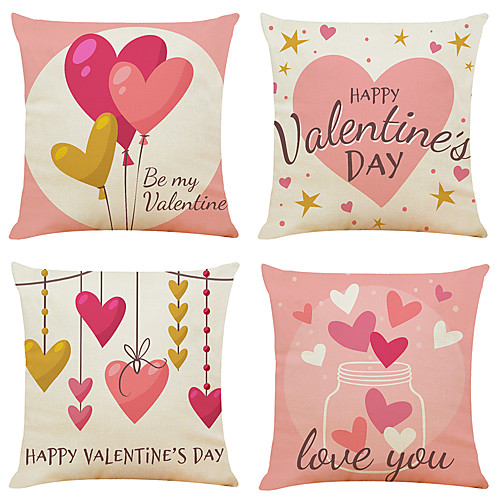 

Set of 4 Happy Valentine's Day Linen Square Decorative Throw Pillow Cases Sofa Cushion Covers 18x18