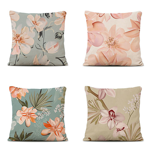 

Cushion Cover 4PC Linen Soft Decorative Square Throw Pillow Cover Cushion Case Pillowcase for Sofa Bedroom 45 x 45 cm (18 x 18 Inch) Superior Quality Mashine Washable Pink Flowers Pattern