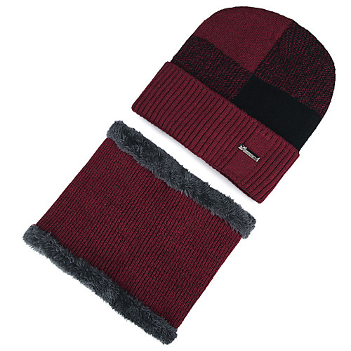 

Men's Hiking Cap Beanie Hat 1 set Winter Outdoor Windproof Warm Soft Thick Neck Gaiter Neck Tube Skull Cap Beanie Stripes Patchwork Polyester Taffeta Red Burgundy Blue for Fishing Climbing Running