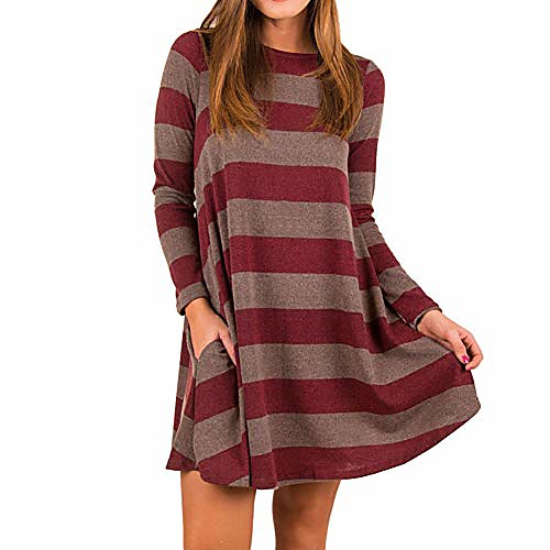 

women casual long sleeve pleated t-shirt dress loose swing tunic dresses with pockets (medium, red)