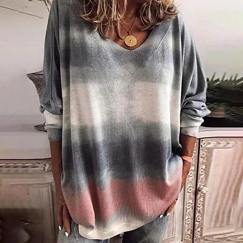 

Women's Tunic Tie Dye Long Sleeve V Neck Tops Elegant Basic Top Light gray