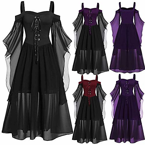 

womens goth dress plus size cold shoulder tie front lace sleeve halloween dresses fashion lace up vintage gothic dresses [us stock]