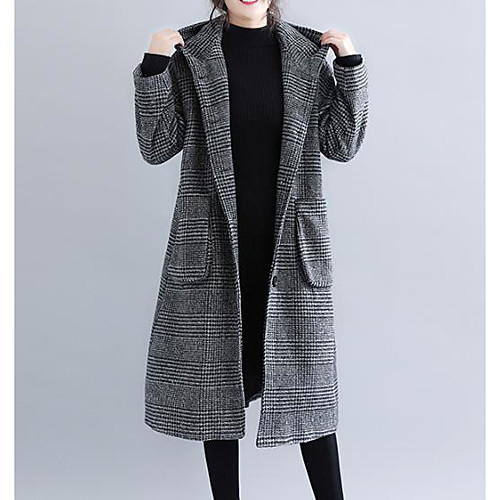 

Women's Houndstooth Vintage Fall Coat Long Daily Long Sleeve Cotton Blend Coat Tops Black / Winter / Slim