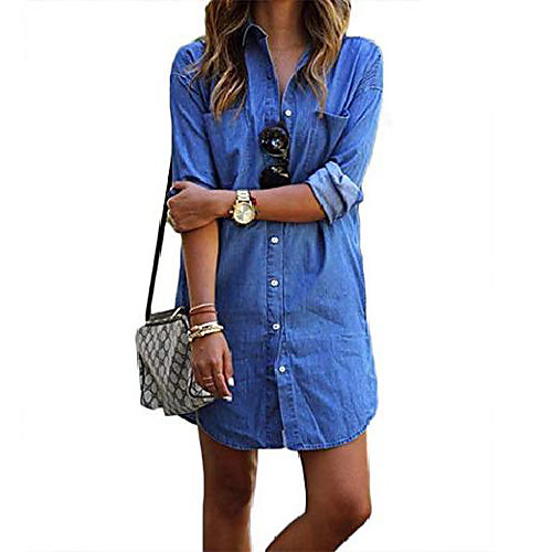 

women denim blue jeans dress long sleeve blouse loose shirt mini dresses (xxl, blue)