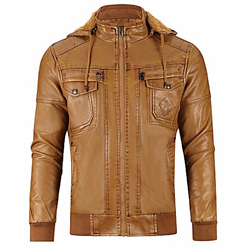 

men's faux jacket with removable hood winter vintage coat brown