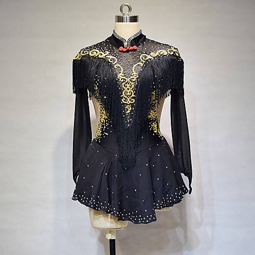 

Figure Skating Dress Women's Girls' Ice Skating Dress Black Spandex High Elasticity Training Competition Skating Wear Solid Color Crystal / Rhinestone Long Sleeve Ice Skating Winter Sports Figure