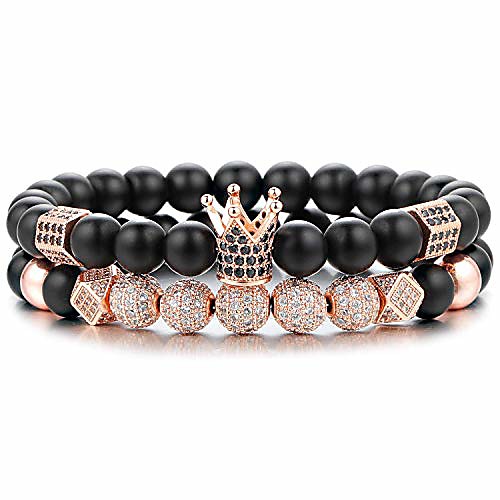 

8mm crown king charm beads bracelet for men women natural black matte onyx stone beads, 7.5 gift for father's day