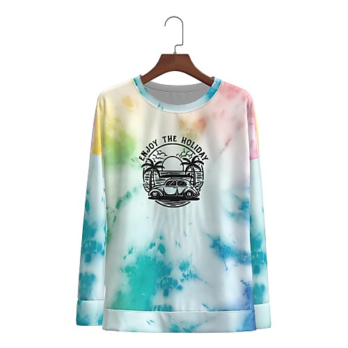 

Women's T shirt Graphic Tie Dye Text Long Sleeve Print Round Neck Tops Basic Basic Top Blue Yellow Green