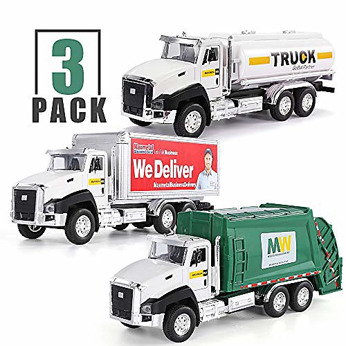 

3 pack of diecast city transport vehicles, garbage truck, tanker truck, express delivery truck, 1/50 scale metal collectible model cars, pull back car toys with opening doors for boys and girls