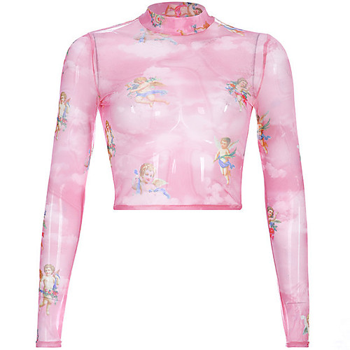 

women's long sleeve punk cupid angel print sheer mesh crop top tee see through mock neck t shirt (pink-long sleeve, l)