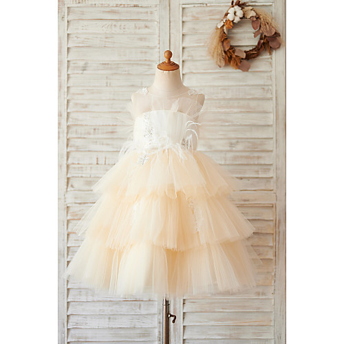 

Ball Gown Knee Length Wedding / Birthday Flower Girl Dresses - Tulle Sleeveless Jewel Neck with Feathers / Fur / Lace / Beading