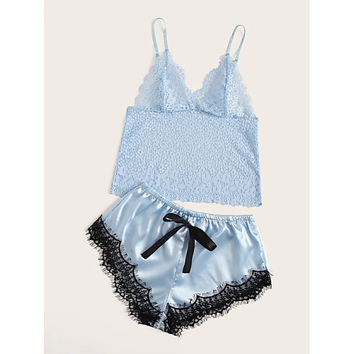 

Women's Lace Backless Cut Out Suits Nightwear Jacquard Embroidered Light Blue S M L