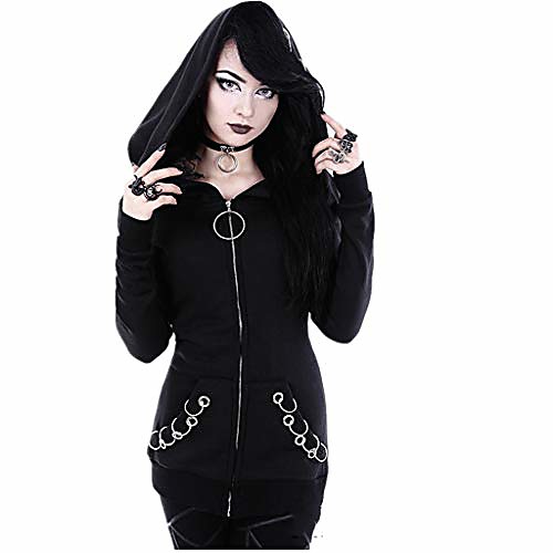 

women gothic punk loose long sleeve hooded solid color cardigan jacket coat black