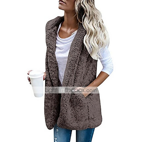 

women's sleeveless sherpa fleece cardigan faux fur fuzzy vest with pockets brown